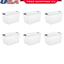 Clear Plastic Storage Bins 66 Qt W/ Latch Lid Handle 6 Pack Stackable Containers