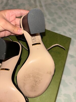 gucci heels 37 black with gold logo worn 3 times no damage to them