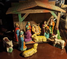 SET PRESEPE VINTAGE MADE IN JAPAN DIPINTO A MANO INTONACO 13 FIGURE e MANGIATOIA