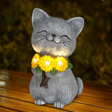 Solar Cat Garden Statue with Daisy  LED Lights - Unique Outdoor Decor Gift