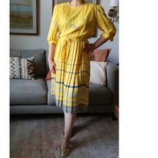 Vintage 80s Adrianna Papell Silk Jacquard Midi Dress 10 Canary Yellow Secretary