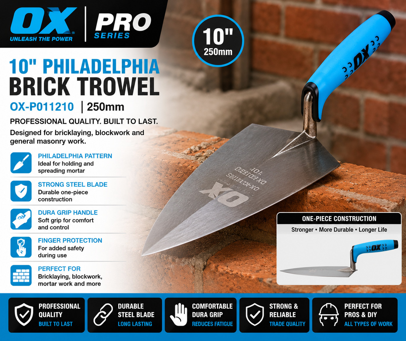B&Q - Steel Brick Bricklaying Trowel Philadelphia Pattern 10" / 250mm - Image 2