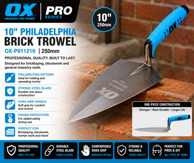 OX Pro OX-P011210 10 Zoll Philadelphia Ziegelkelle Stahl Dura Griff