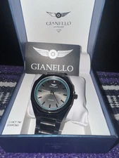 Men’s Gianello Diamond Lucido Round Black Link Watch Carat Size 1/10 NEW