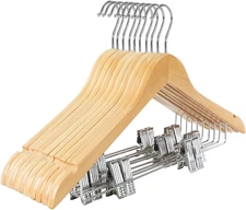 Wooden Hangers with Adjustable Metal Clips and 360° Swivel Hook, Premium Wood Cl