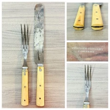 Primitive Antique 1800s Meriden Cutlery Bone Handle Fork Knife Pair Civil War #4