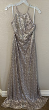 David's Bridal High Neck Sequin Size 8 Gown Platinum Full Length Brand New