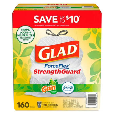 Glad ForceFlex 13-Gallon Kitchen Trash Bags, Gain Original Scent/ Febreze,160 Ct