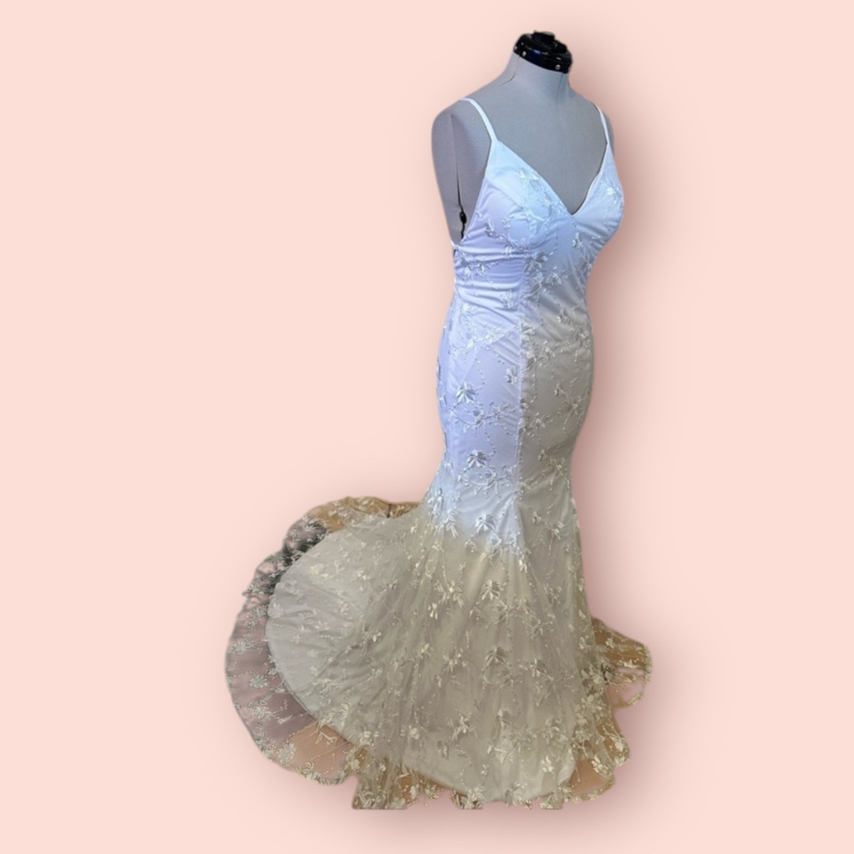 chinese dress ladies Illusion V Neck High Split Mermaid Wedding Dress QW2544 US4 / White