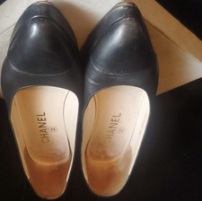 CHANEL Black Leather Platform Pump Block Heel Almond Toe Slip-On EU 38
