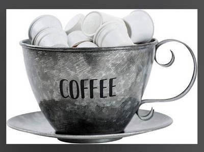 Coffee Pod Storage Cup & Saucer Metal Silver w/Black Letters, Boston Warehouse