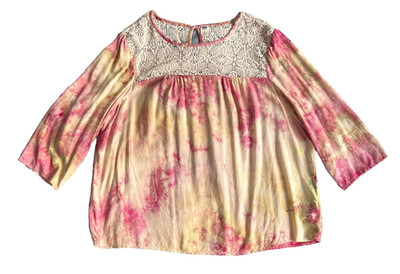 Ice Tie Dye Upcycled Old Navy Rayon Top, Women's L 3/4 Sleeve , Pink & Lime Gold