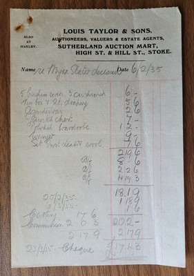 1935 Louis Taylor & Sons Auctioneers, Stoke & Sutherland Receipt Re Myra Slater