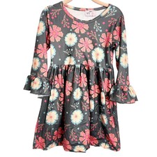Pete and Lucy Girls Dress Size 2T Long Sleeve Floral Print Grey Pink Blue Ruffle