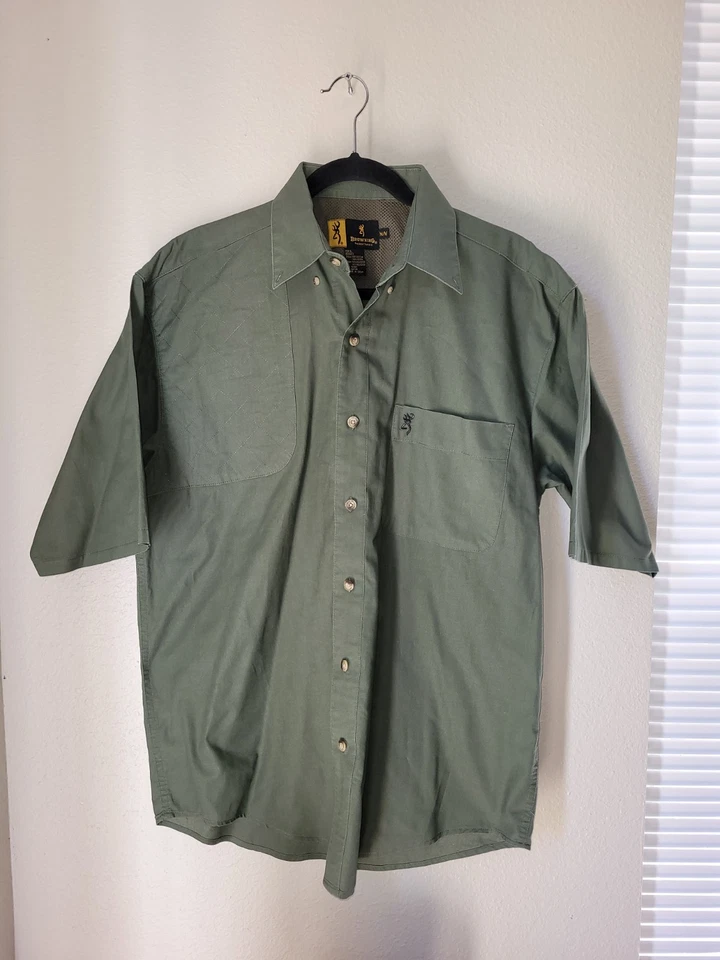 Vintage Browning Hunting Short Sleeve Green Button Down Shirt REACTAR pocket MED - Image 2 of 4