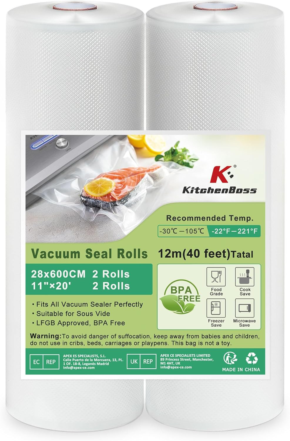 Rotoli Sottovuoto 28x600cm per Alimenti - 2 Pezzi Goffrati e Resistenti