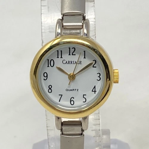 Vtg Carriage Timex Watch Women 22mm Gold Silver Tone Matte New Battery TINY 5.5"