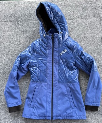 GUESS Women s Soft Shell Quilted Hooded Jacket Blue Small Water & Wind Resistant