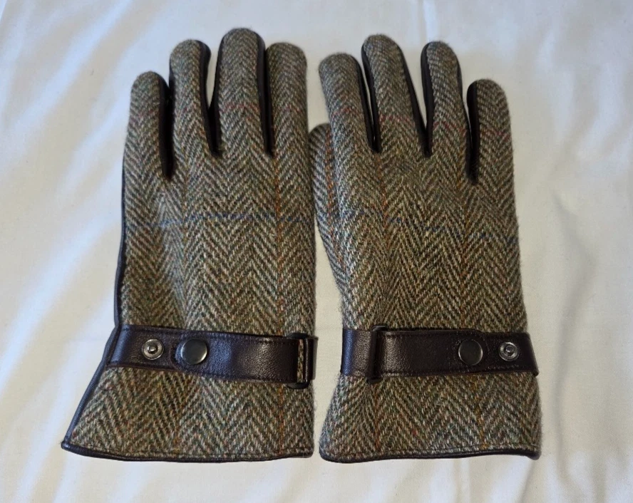 Harris Tweed 100% Wool Gloves Men's L Scotland Snap Strap Herringbone Brown