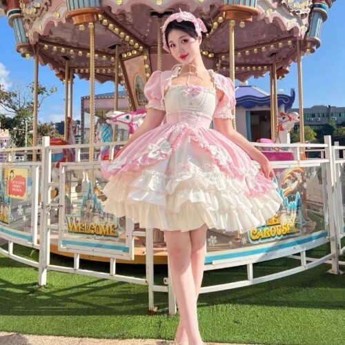 Lolita Dress Puff Short Sleeve Laminated Flounces Mini Dresses Bow Ruffles P - Bild 9 von 30