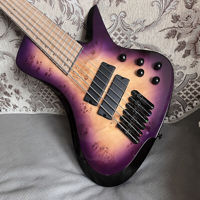 6 String Bass Guitar Fanned Frets Purple Burl Burst Quilt Top Solid Body