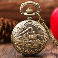 Bronze Mini Size Locomotive Design Unisex Quartz Pocket Watch Necklace Chain
