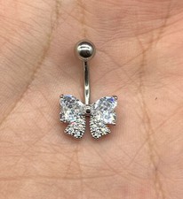 14 Gage Bow Decor Belly Button Ring Stainless Steel Cubic Zirconia