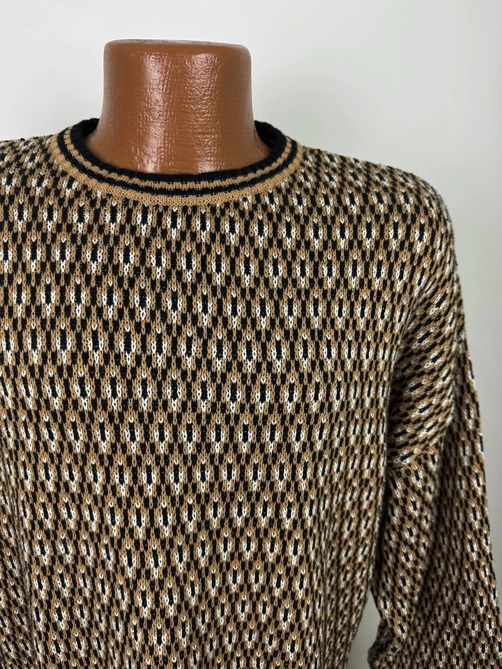 Vintage 90s PERRY ELLIS Golf Sweater L Beige Diamond Medallion Paisley Preppy  - Image 3 of 4