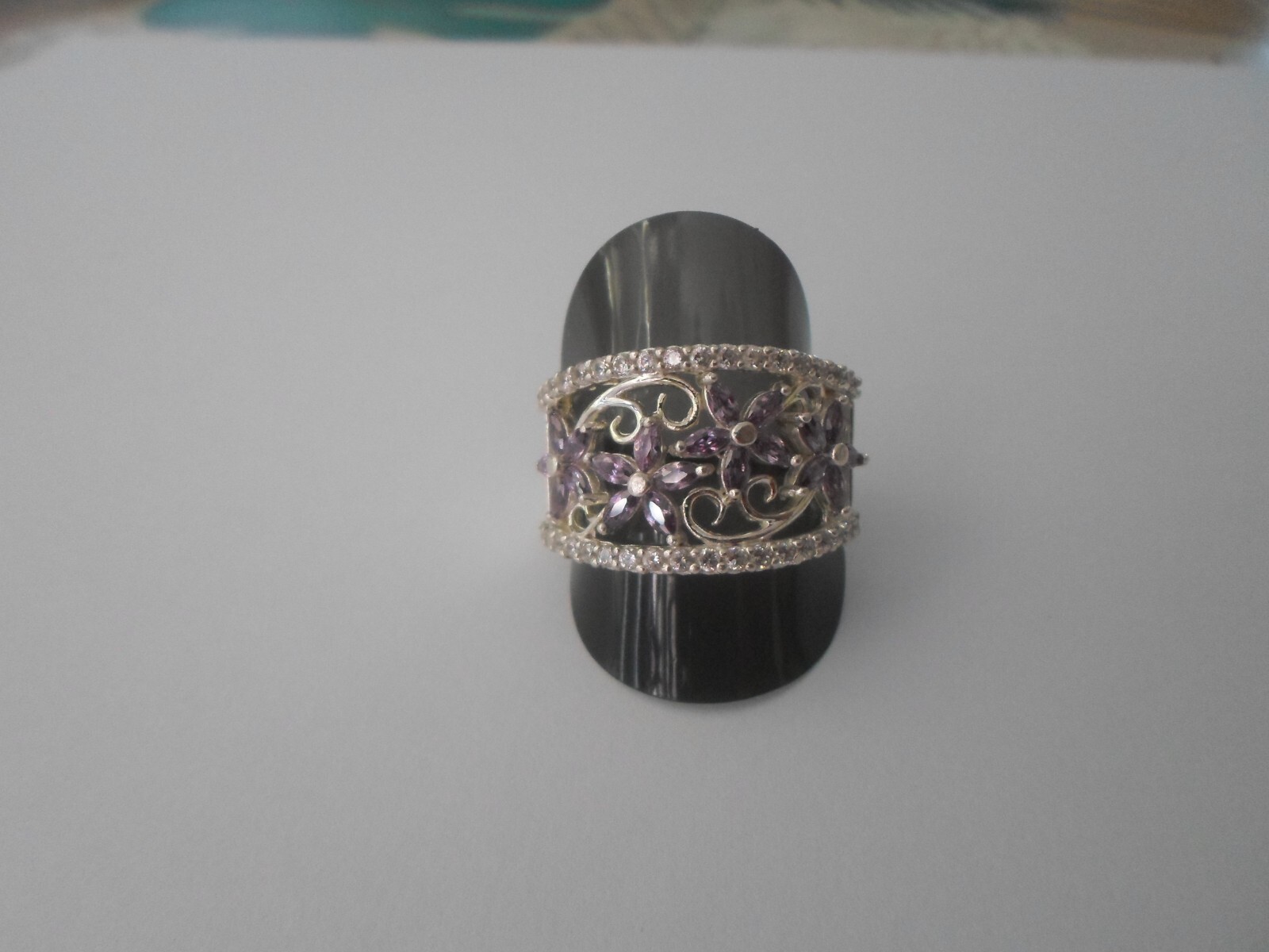 large solid silver ring, openwork, amethyst flowe… - image 8