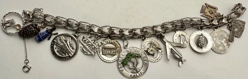 Vintage Sterling Silver Heart Charm Traveler Bracelet Charms 925 7.5” 14 Charms