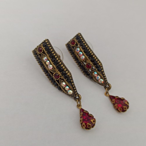Michal Negrin Earrings Black Red Aurora Borealis Crystals Geometric Post Deco - Picture 13 of 15