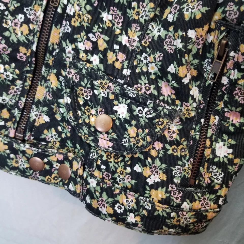 Vtg Y2K Hot Kiss Floral Denim Cropped Moto Jacket Size L Large Foto 3 de 4