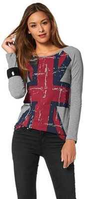 AJC Damen Langarmshirt Longshirt Long Shirt UK Flag Print Grau 40 W3226