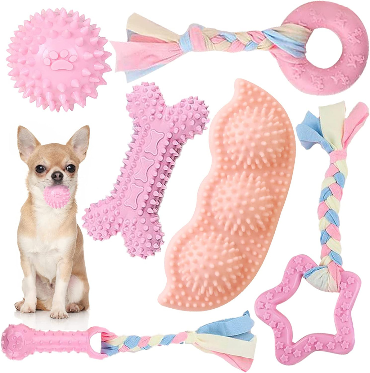 6 Pack Puppy Toys for Teething Small Dogs Cute Pink Pet Dog Chew