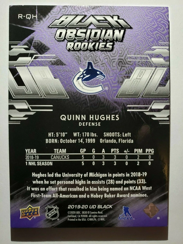 Quinn Hughes 19/20 Upper Deck BLACK Obsidian Rookies #87/99 - Image 2 of 2