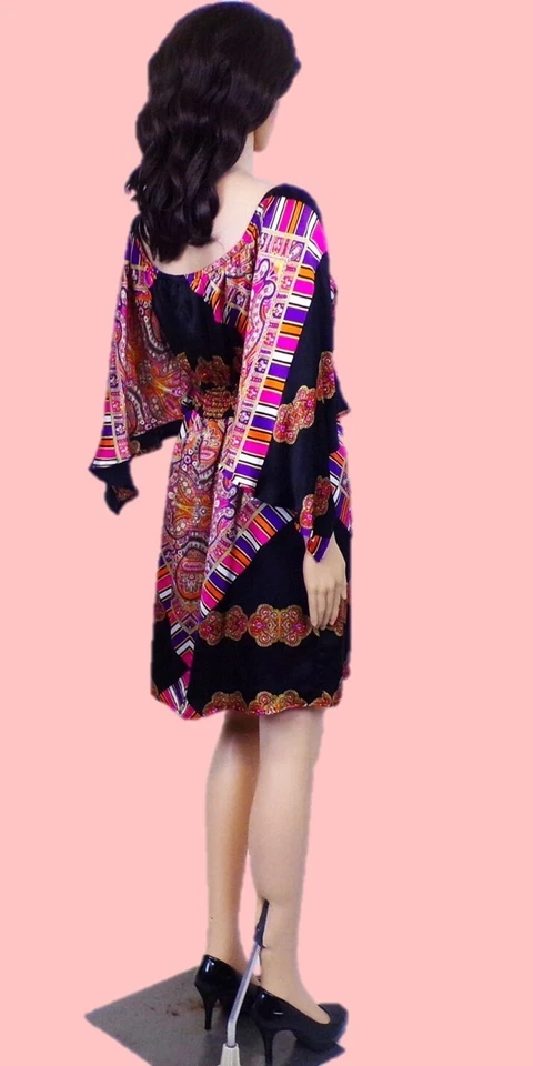 SILK! VOOM BY JOY HAN size L Jrs multicolor fit/flare angel-wing dress 100% silk - Image 4 of 4