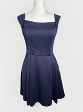 Teeze Me Women's Junior Sleeveless Square Neck Fit & Flare Deep Blue Pleated