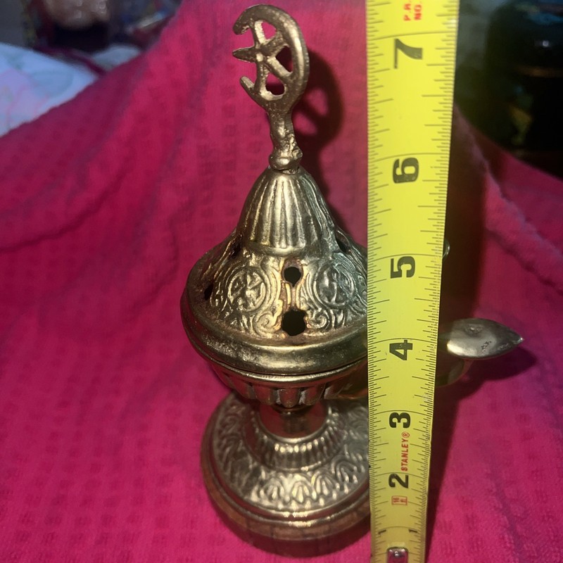 Vintage Ornate Brass Incense Burner Censer with Crescent Moon & Star Finial