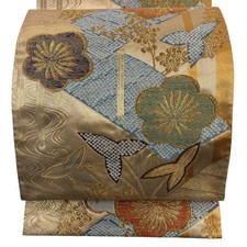 Japanese Kimono Fukuro obi excellent item plum running water gold thread foil