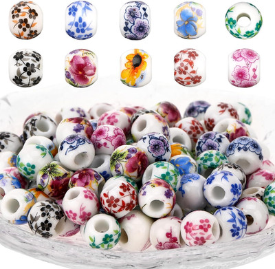 Ceramic Beads, 100 Pcs Round Porcelain Beads 8 mm Multicolor Flower Printed Spac