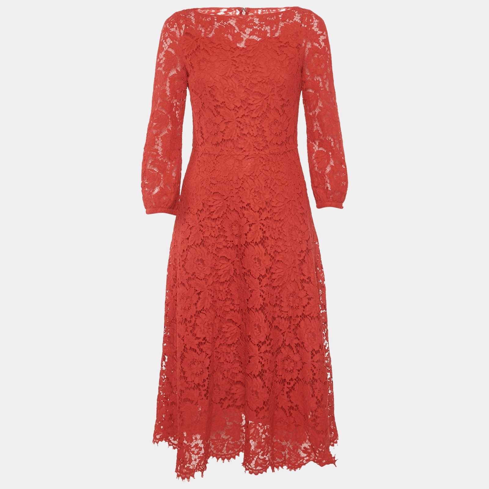 Valentino Red Corded Lace Long Sleeve Midi Dress M