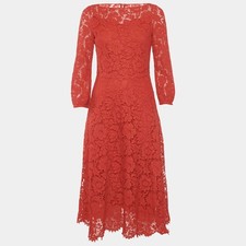 Valentino Red Corded Lace Long Sleeve Midi Dress M