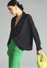 Anthropologie The Dylon Long-Sleeve Wide-Placket Collared Top Women’s M Black