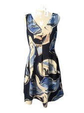 Vince Camuto Sleeveless Abstract A-Line Dress Blue Beige White Lined V-Neck 6