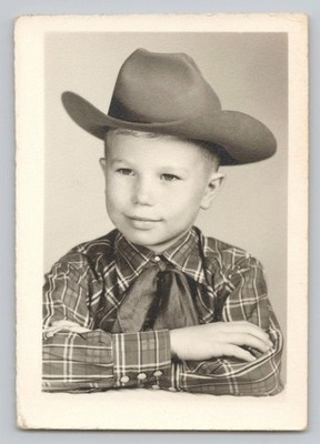 Cute Little Cowboy w/ Hat Pearl Snap Buttons 50s Western Vintage Portrait Photo