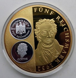Medaille Goethe 5 Reichsmark 1932 Weimarer Republik vergoldet/versilbert