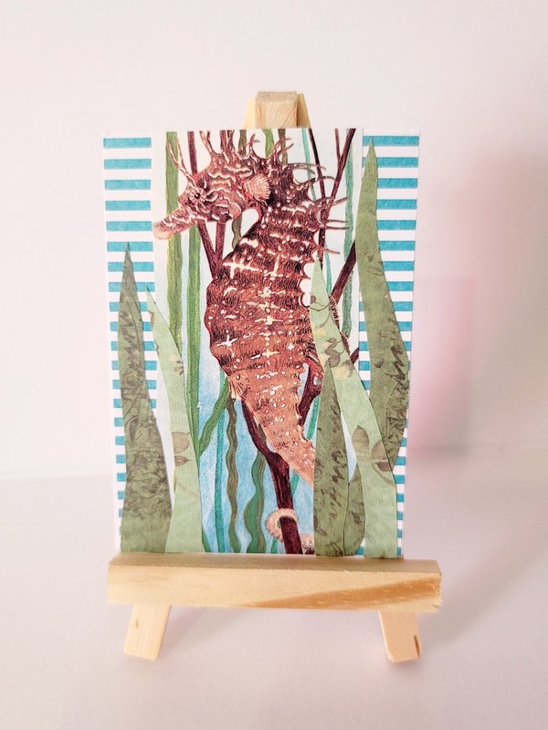 ACEO Original Paper Art Seahorse Blue Stripe Nautical Collage by LoveYourMail