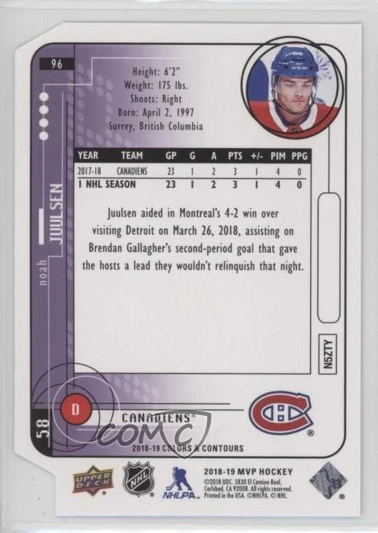 2018-19 Upper Deck MVP Colors & Contours Purple /8 Noah Juulsen #96 Rookie RC - Image 2 of 2