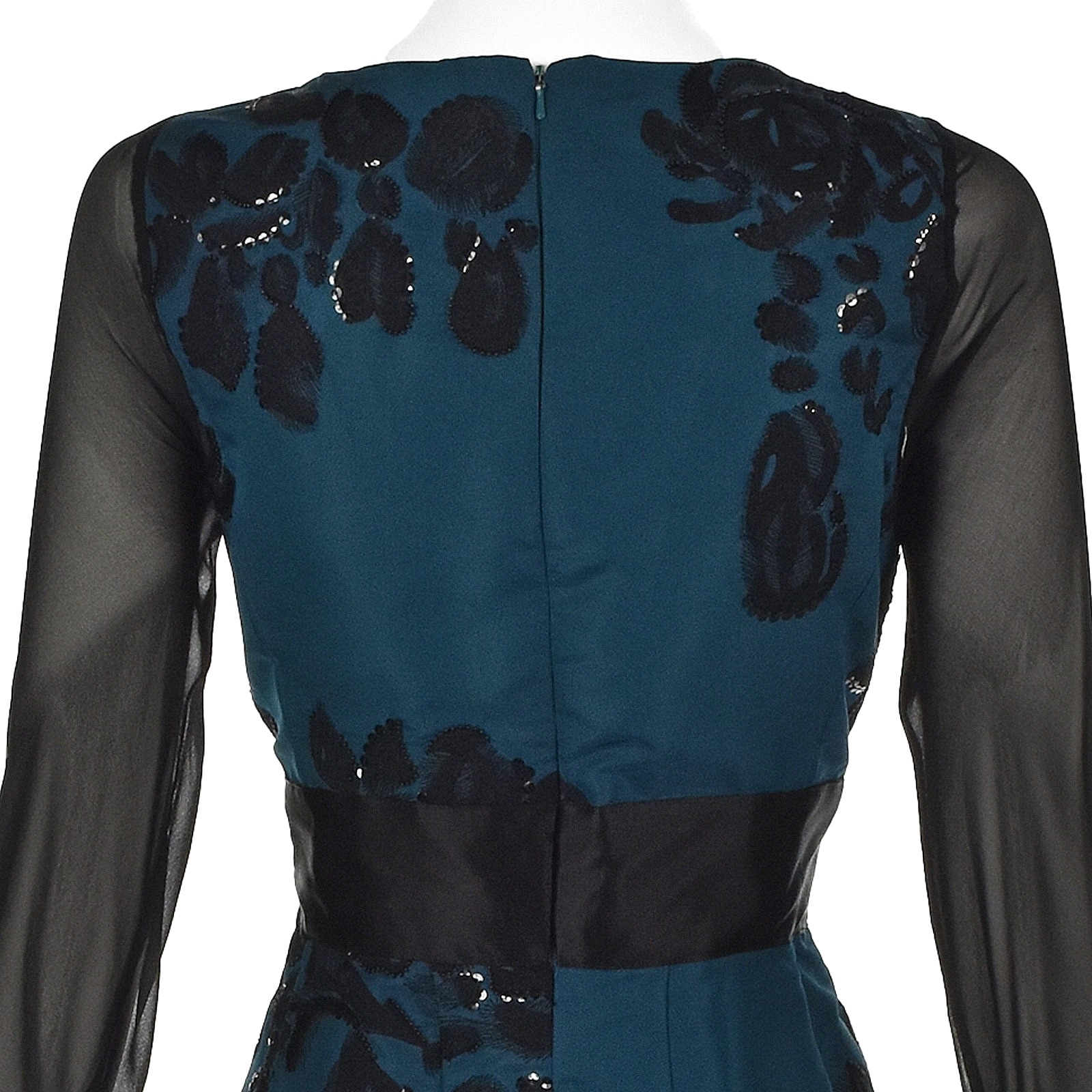 OSCAR DE LA RENTA Teal Silk Embroidered Dress w/Sheer Chiffon Sleeves F2012 SZ 8