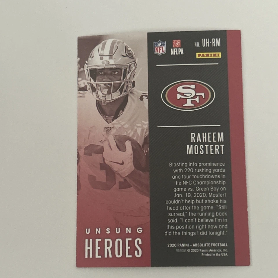 2020 Panini Absolute Unsung Heroes Raheem Mostert #UH-RM San Francisco 49ers - Image 2 of 3